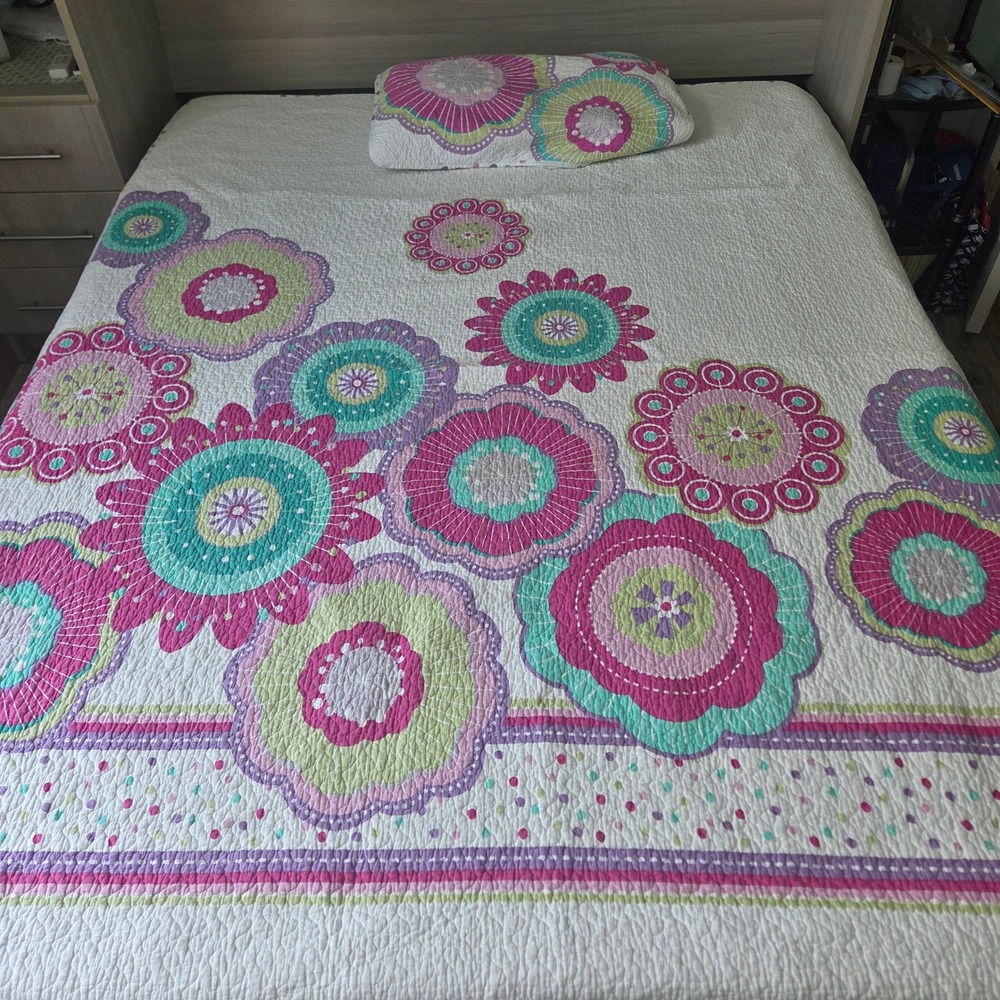 Cynthia Rowley Sophia Twin Quilt 2Pc Set Pink Turquoise Floral Polka Dot Boho